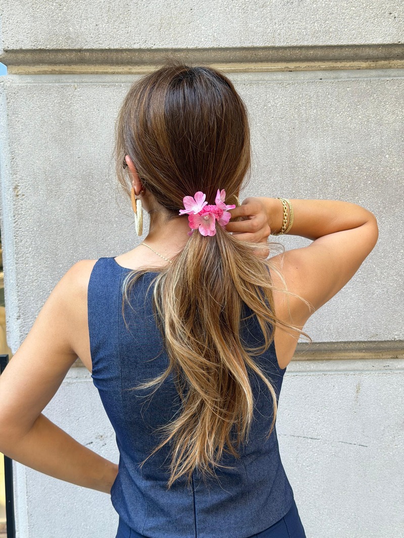 Dizi İnci Çiçekli Scrunchie Toka Toz Pembe