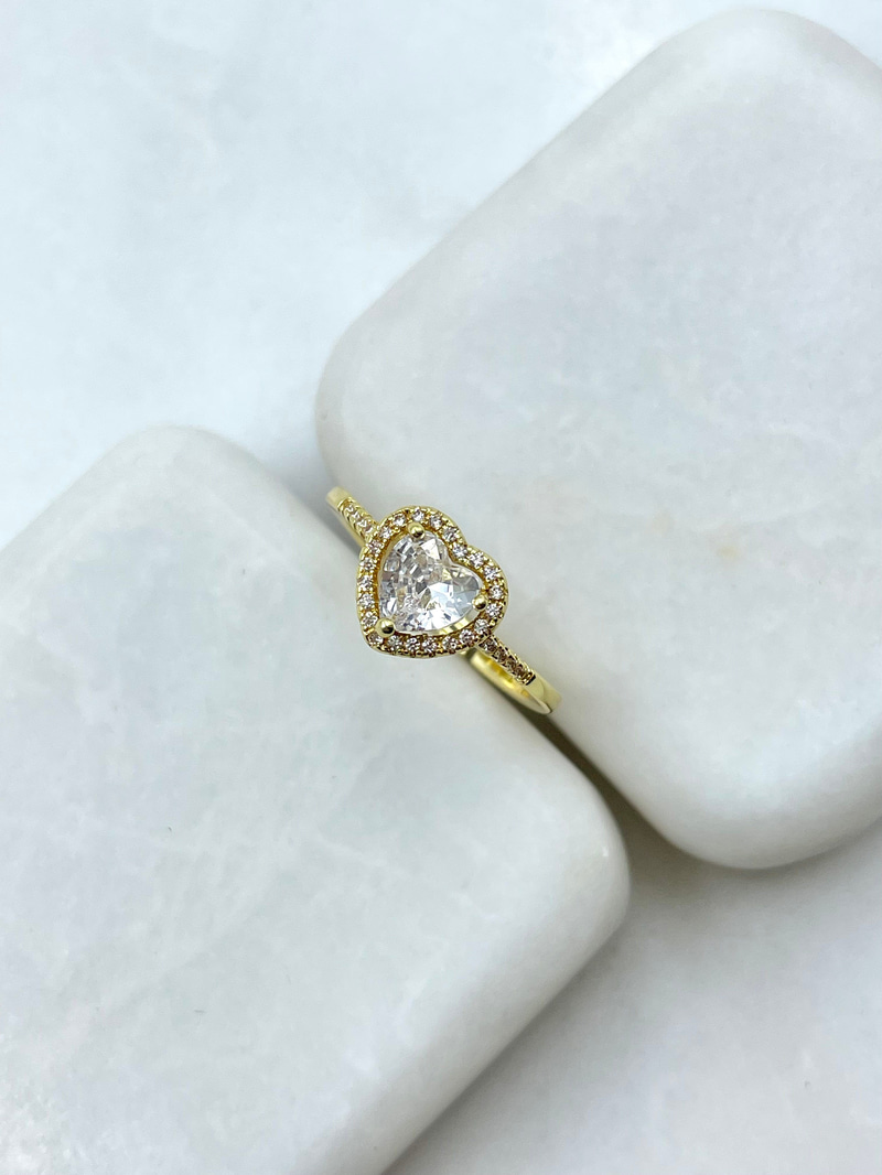 Altın Kaplama Gömme Taşlı Kristal Kalp Yüzük Gold