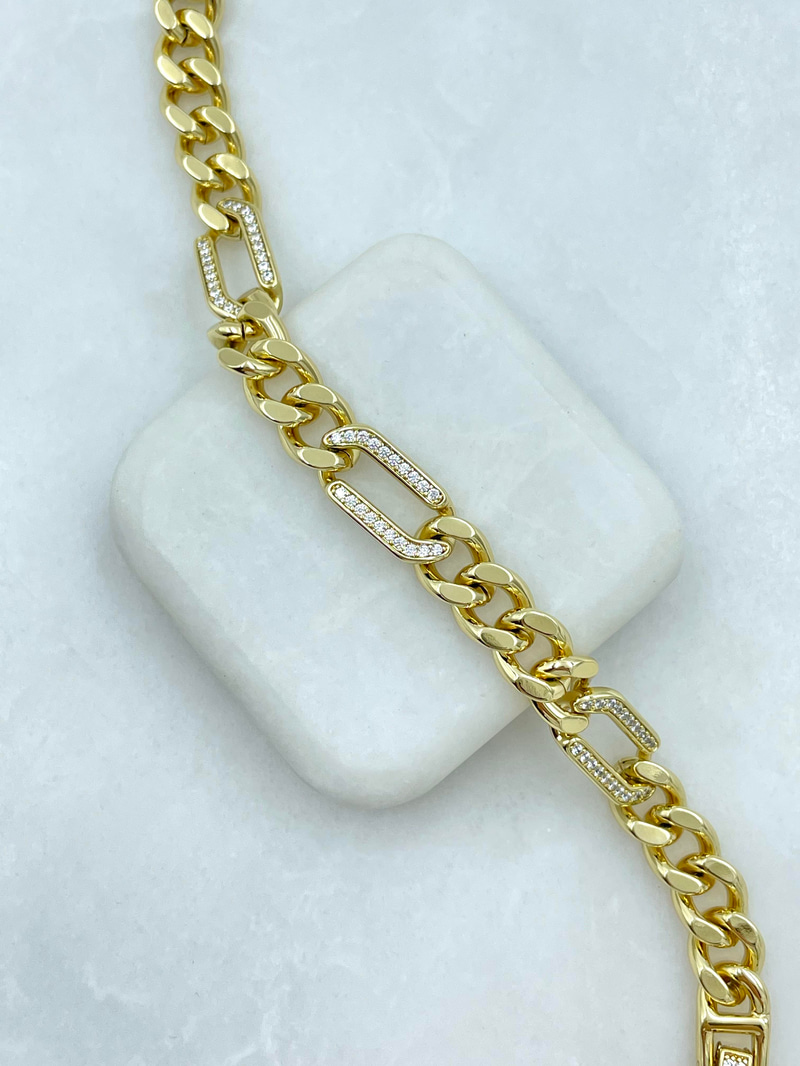 Özel Seri Zirkon Taşlı Ezme Zincir Model Bileklik Gold
