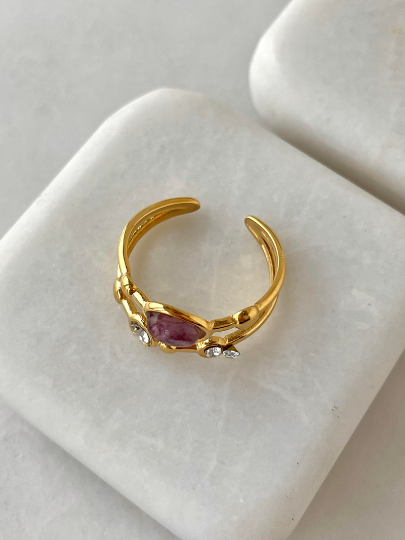 Çelik Opal ve Kristal Taşlı Çift Sıra Yüzük Mor