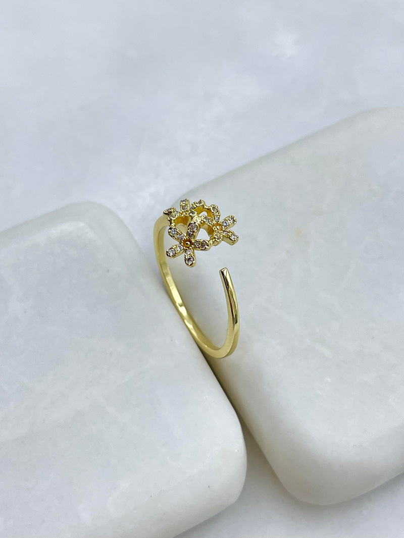 Altın Kaplama Gömme Taşlı Üçlü Çiçek Yüzük Gold
