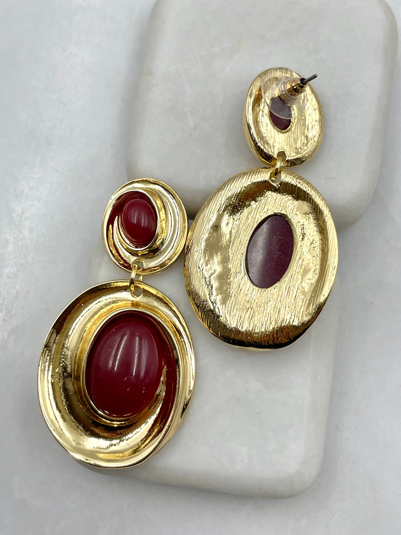 Taşlı Büyük Küçük Sarmal Vintage Küpe Bordo