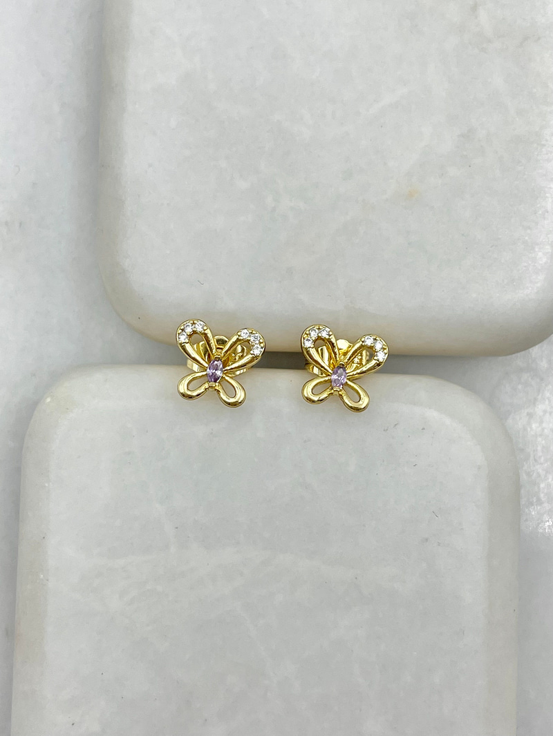 Özel Seri Minimal Lila Taşlı Kelebek Küpe Gold