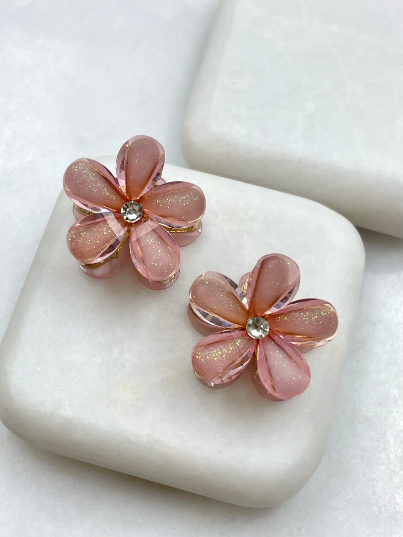 Simli İkili Çiçek Mandal Toka Toz Pembe