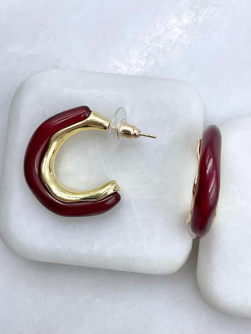 Altın Kaplama Gold Detaylı Halka Vintage Küpe Bordo