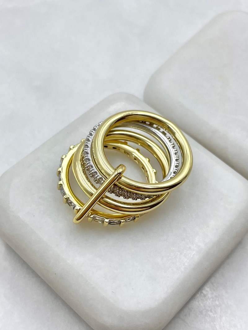 Altın Kaplama Çift Renk Baget ve Gömme Taşlı Dörtlü Halka Yüzük Gold