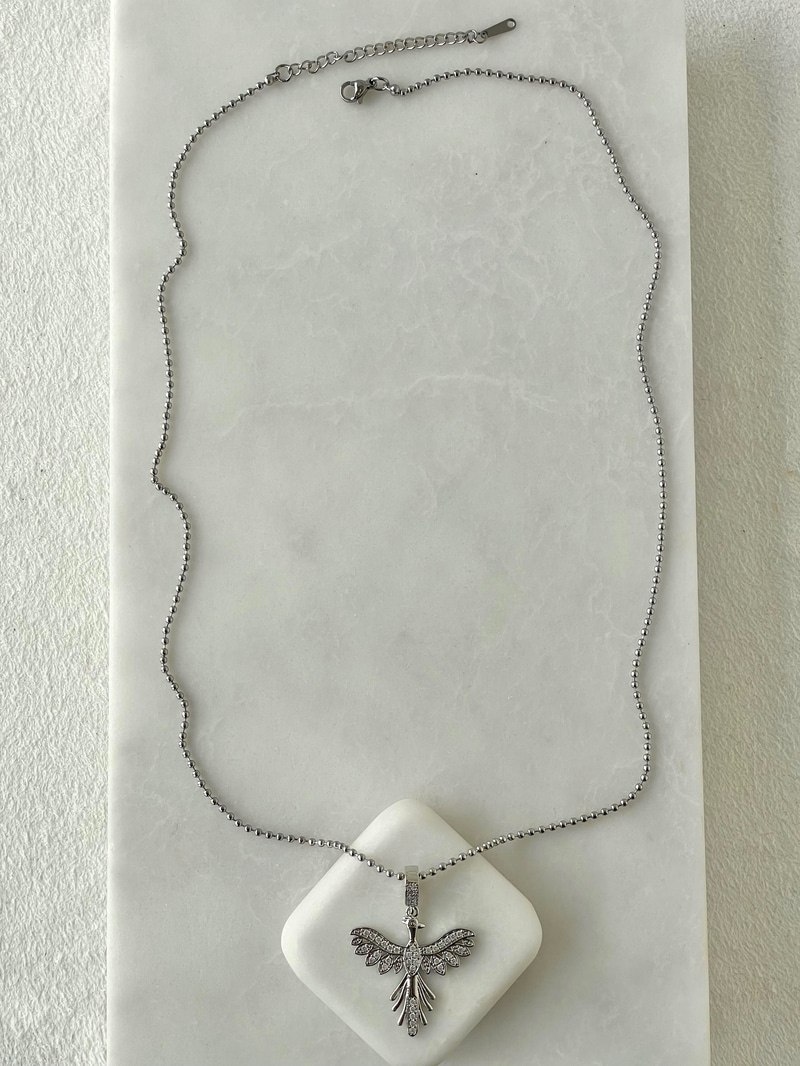Çelik Gömme Taşlı Anka Kuşu Topçuk Zincir Kolye 60 cm Gümüş