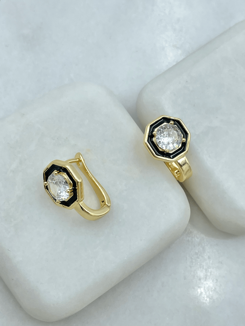 Altın Kaplama Siyah Mineli Kristal Taşlı U Küpe Gold