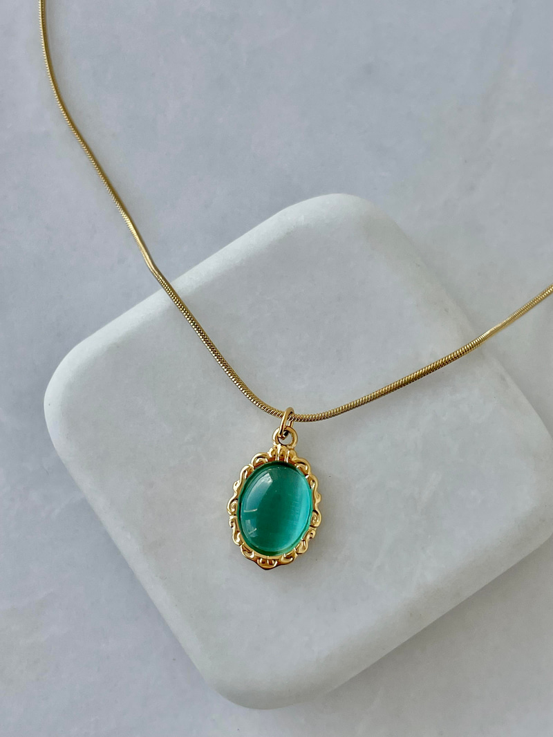 Çelik Opal Taşlı Etnik Desen Kolye Turkuaz-Gold
