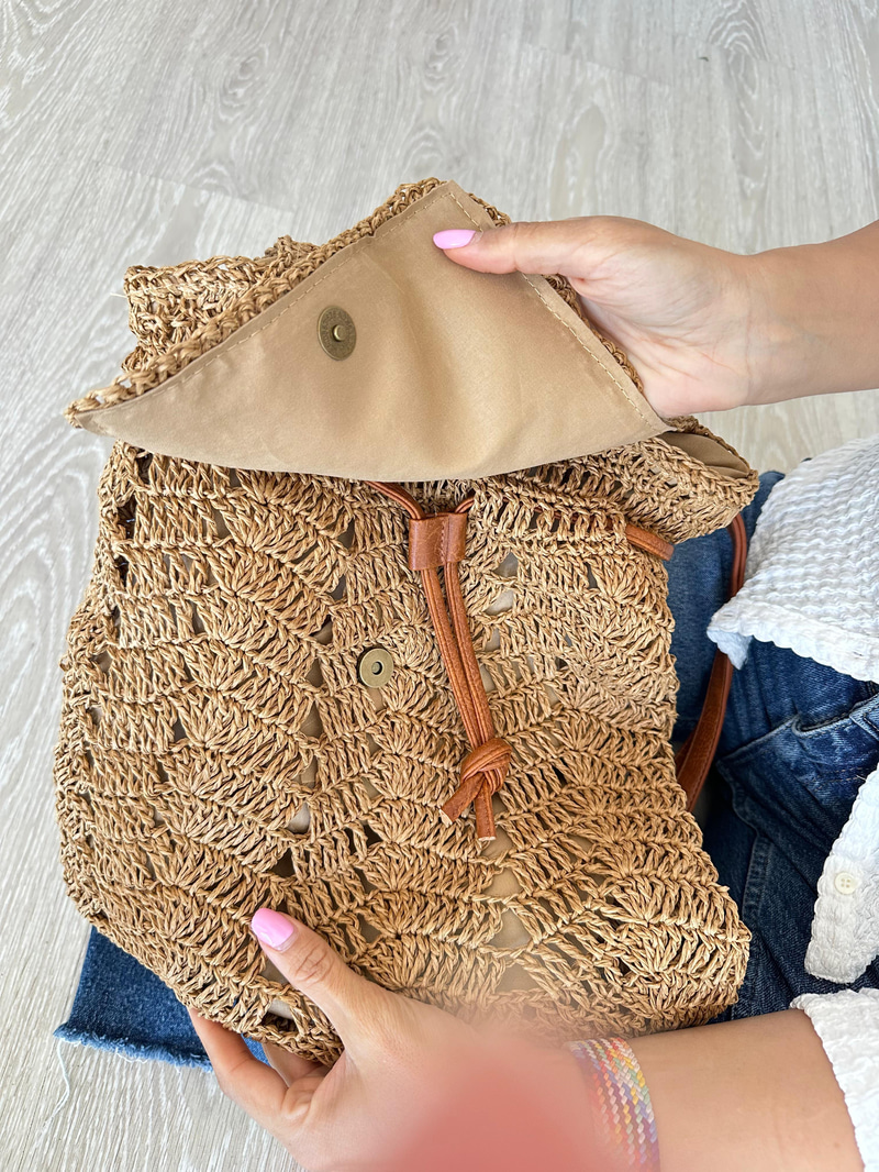 El Örgüsü Hasır Sırt Çantası Camel