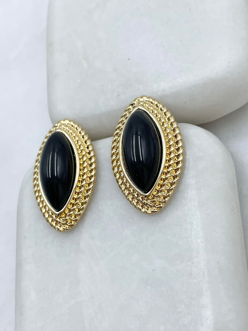 Altın Kaplama Çift Sıra Gold Burgu Detaylı Küçük Vintage Küpe Siyah