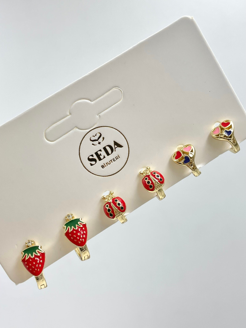 Özel Seri Çilek ve Uğur Böceği Altılı Set Küpe Gold