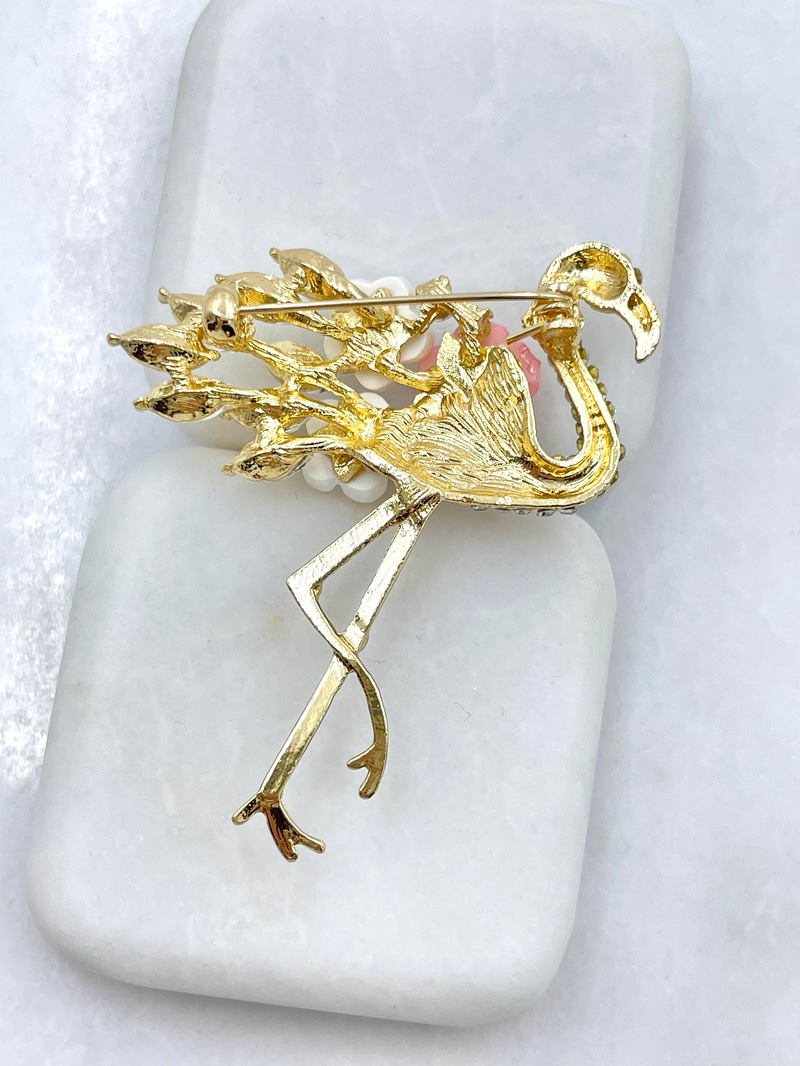 Kristal Taşlı ve Çiçekli Flamingo Broş Gold