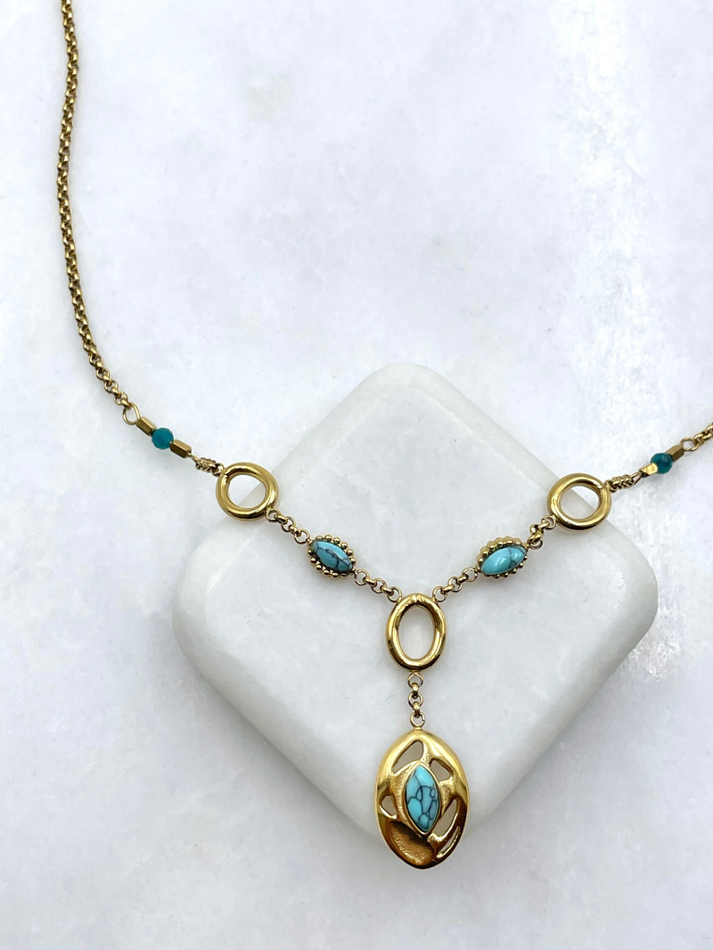 Turkuaz Doğal Taşlı Vintage Kolye Gold