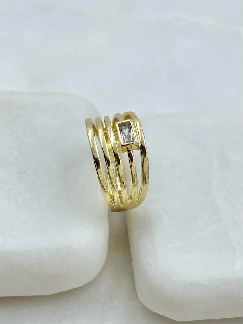 Altın Kaplama Kare Kristal Taşlı Beş Sıra Yüzük Gold