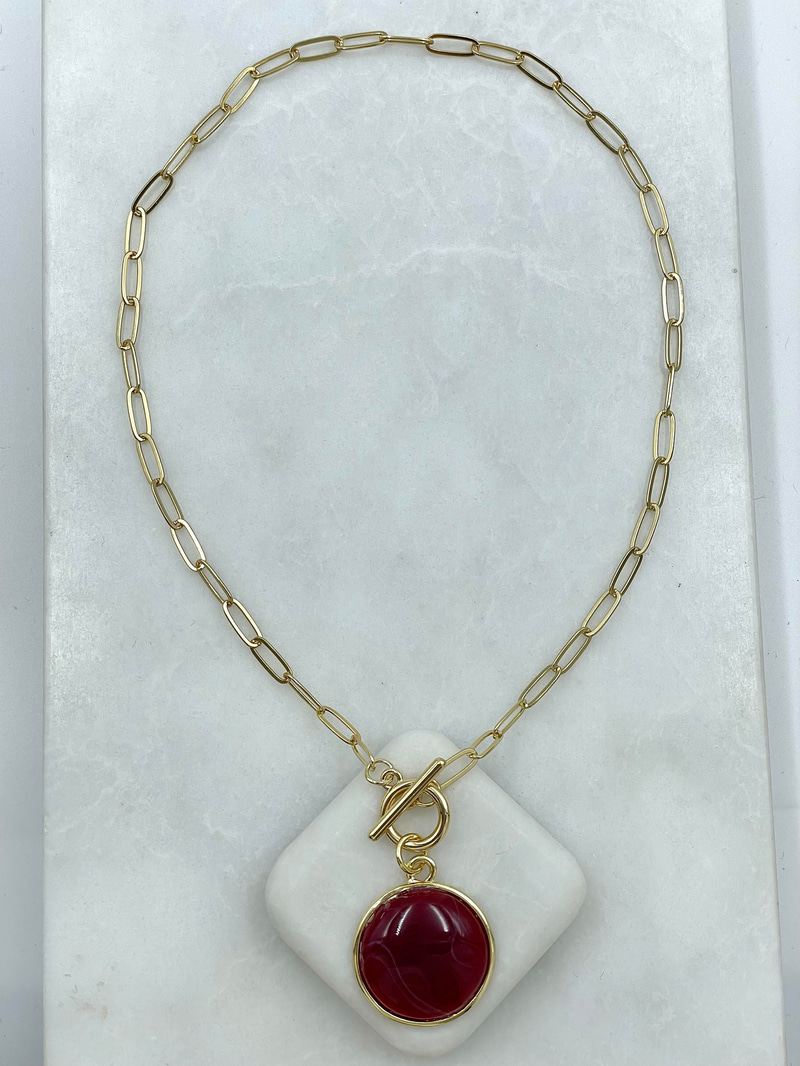 Altın Kaplama Daire Doğal Taşlı Önden Kilit Vintage Kolye Bordo