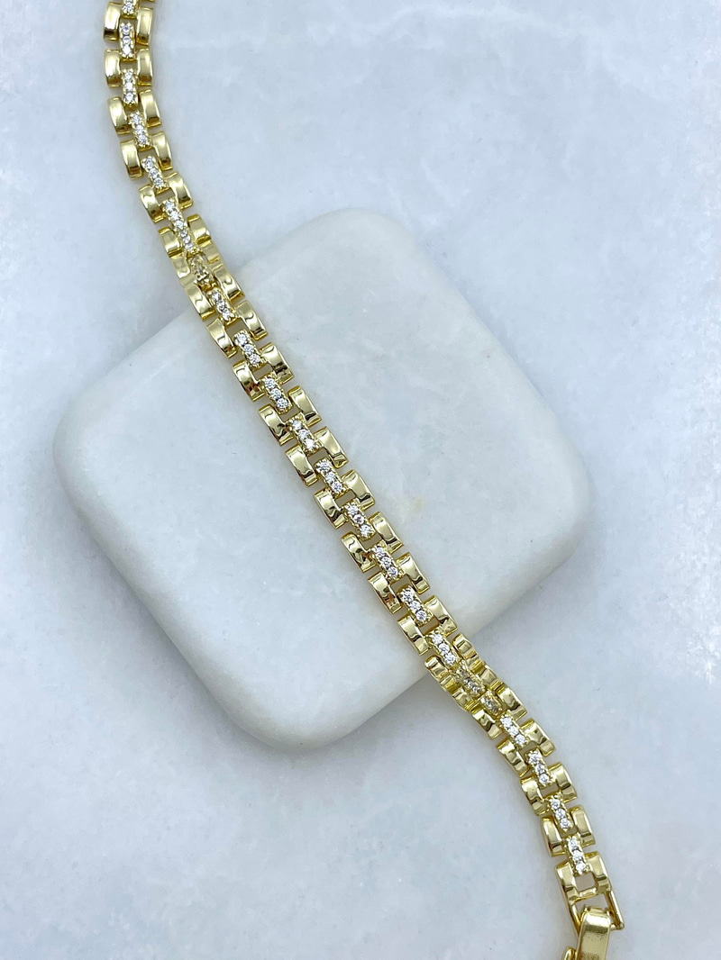 Özel Seri Gömme Taşlı Kare Kordon Bileklik Gold