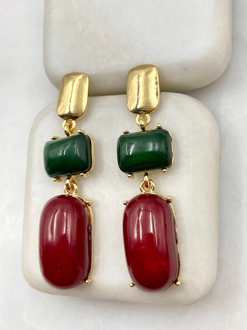 Bordo ve Yeşil Taşlı Vintage Küpe Gold