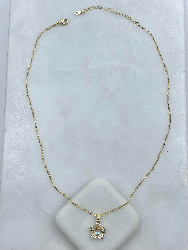 Altın Kaplama Opal Taşlı Minimal Çiçek Kolye 45 cm Gold
