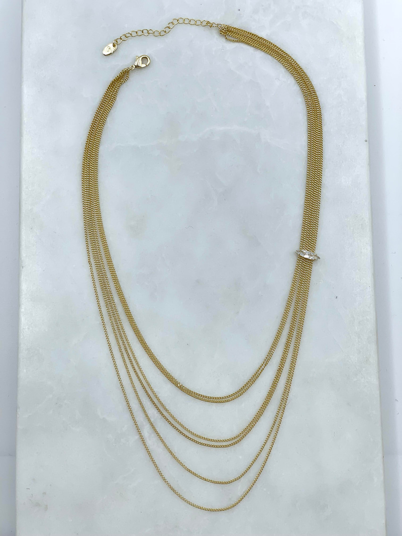 Altın Kaplama Kristal Taşlı Çoklu Zincir Tasarım Kolye Gold