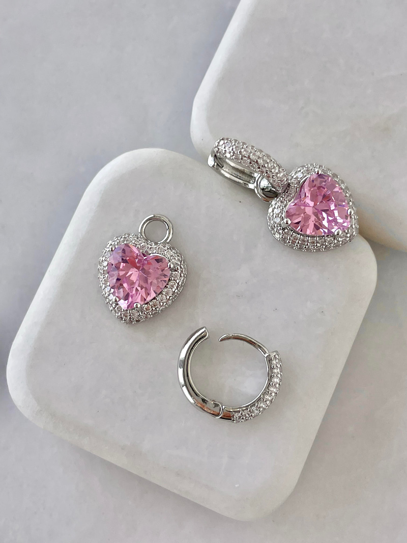 Altın Kaplama Gömme Taşlı Charmlı Kristal Kalp Küpe Pembe