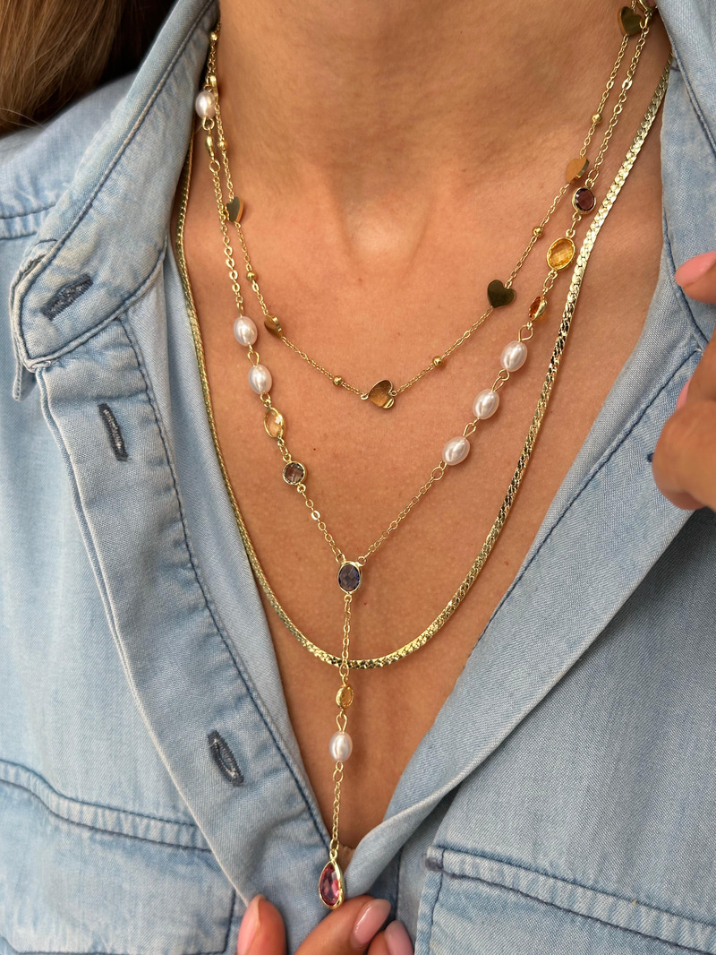 Altın Kaplama Renkli Kristal Taş ve İncili Y Model Kolye Gold