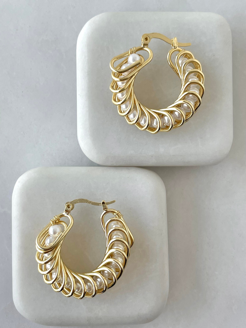 Altın Kaplama Oval Halkalı İnci Küpe Gold