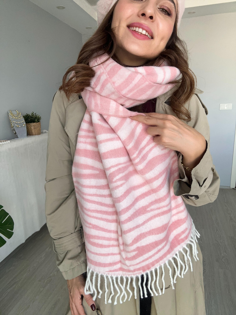 Zebra Desen Puf Şal Pembe
