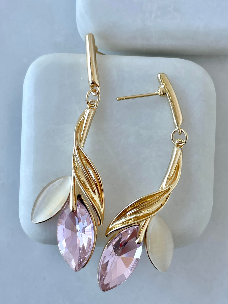 Altın Kaplama Kristal Pembe Taşlı Lale Model  Küpe