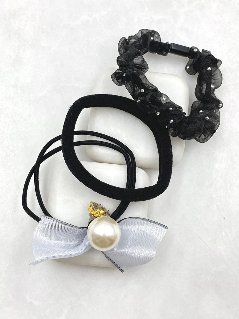 İncili ve Tüllü Üçlü Scrunchie Toka Siyah