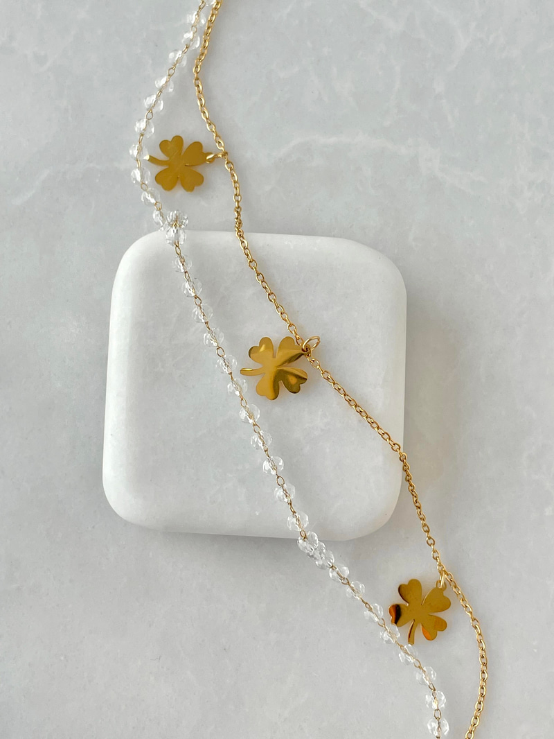 Çelik Yonca Sallantılı Beyaz Boncuklu İkili Zincir Halhal Gold