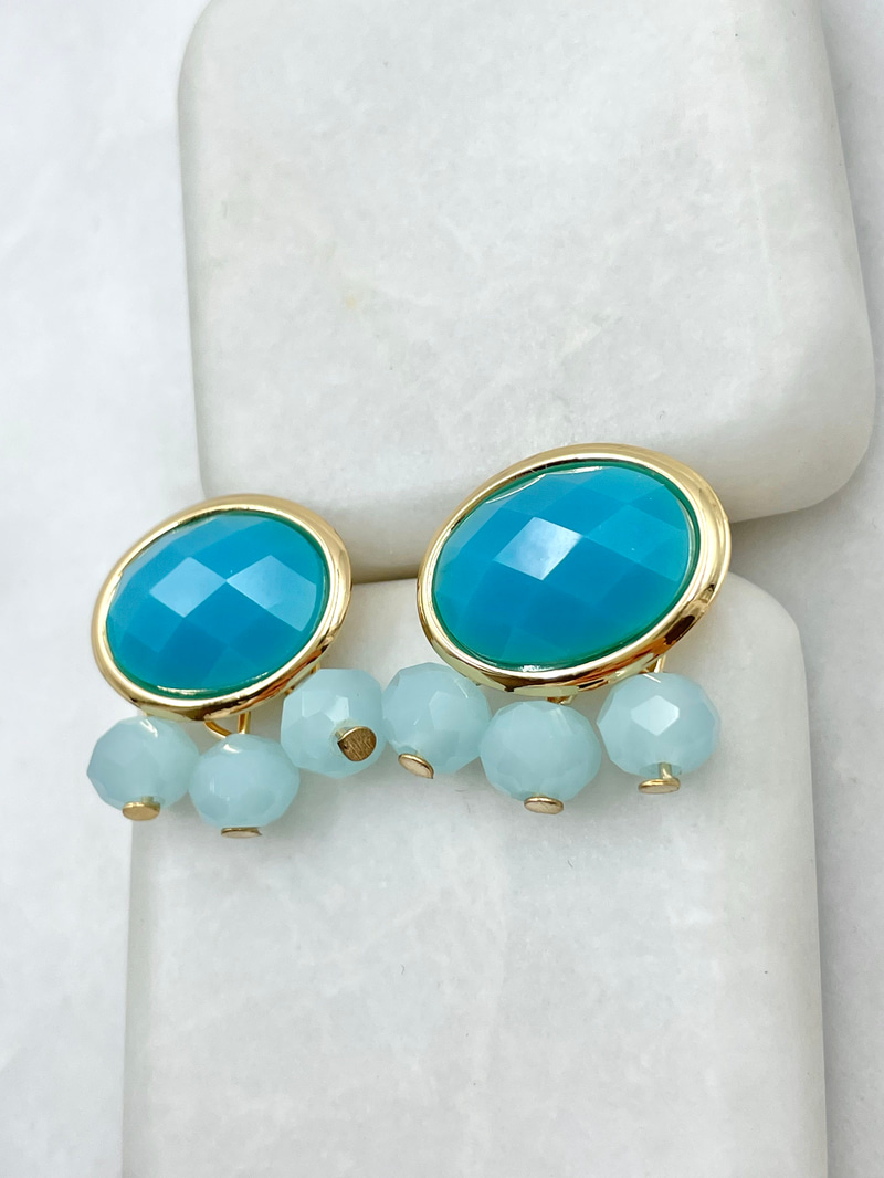 Kristal Boncuk Sallantılı Oval Küpe Mavi