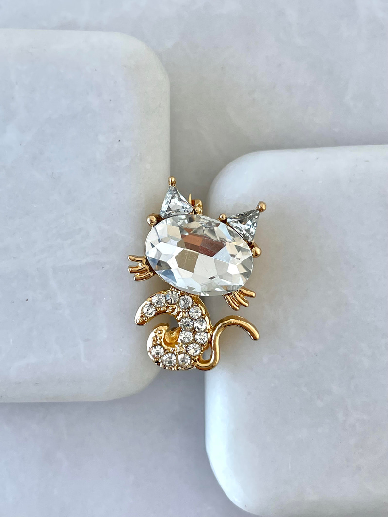 Taşlı Kedi Broş Gold