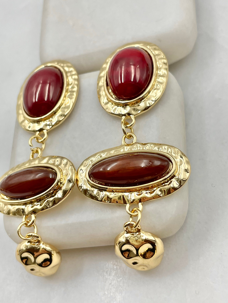 Bordo ve Kahve Taşlı Vintage Küpe Gold