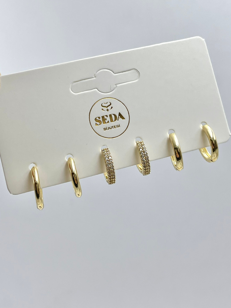 Altın Kaplama Gömme Taşlı ve Basic Halka Model Altılı Set Küpe Gold
