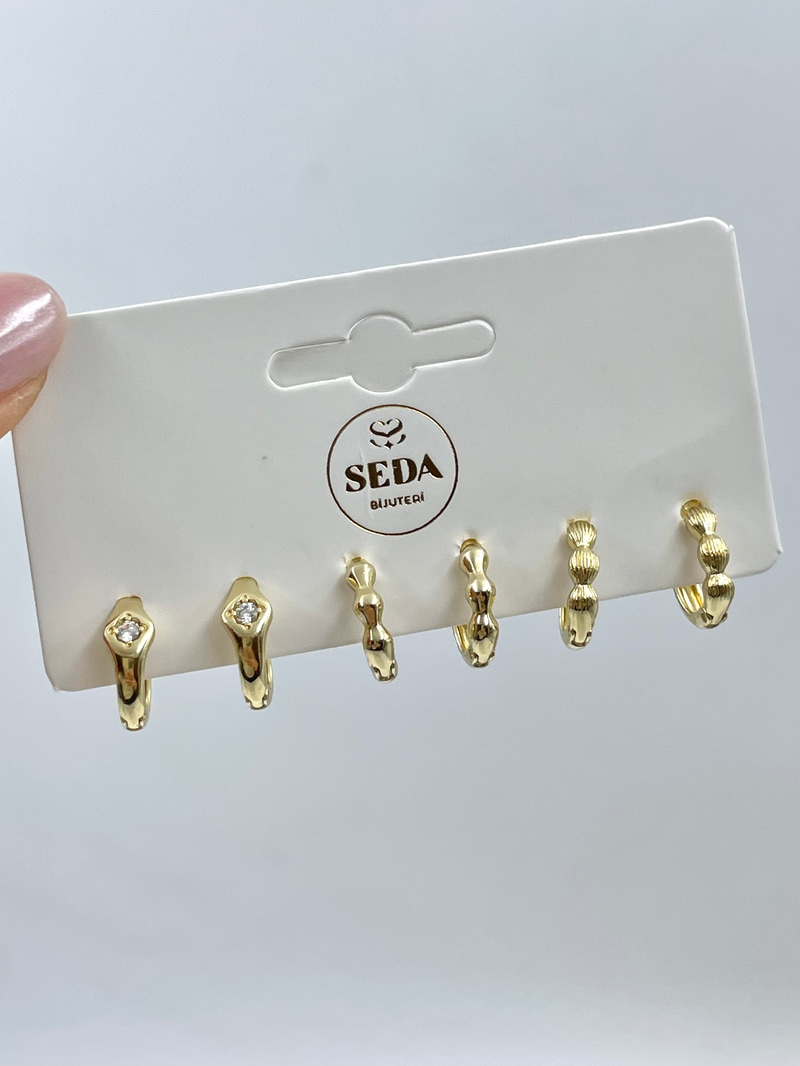 Özel Seri Altılı Kemik Model Set Küpe Gold