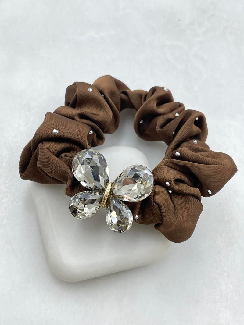 Kristal Kelebekli Premium Scrunchie Toka Kahve