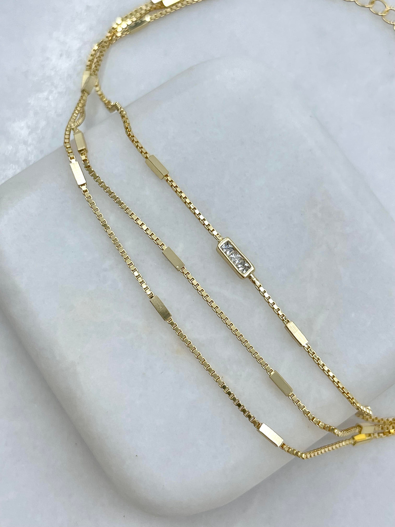 Altın Kaplama Kristal Taşlı Sütun Plaka Üçlü Zincir Bileklik Gold