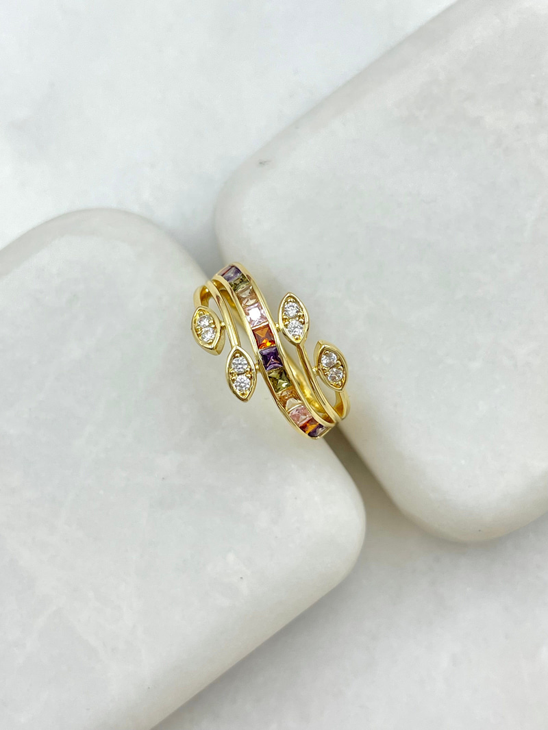 Altın Kaplama Renkli Baget Taşlı Damla Yüzük Gold