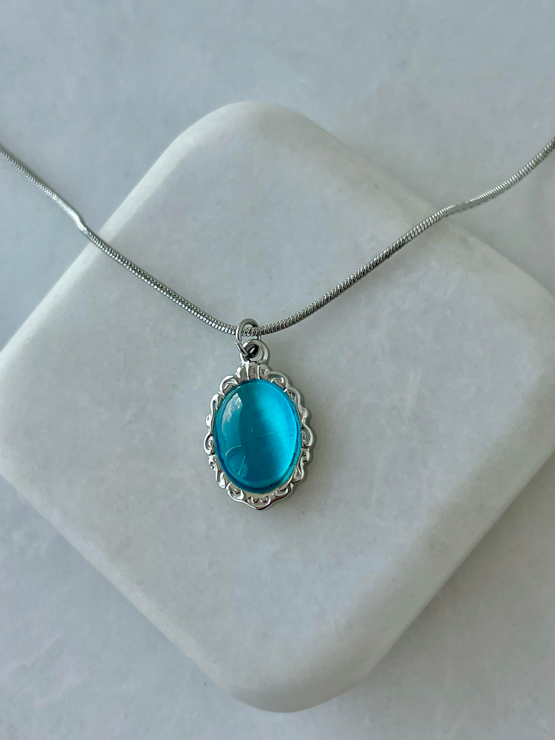 Çelik Opal Taşlı Etnik Desen Kolye Turkuaz-Gümüş