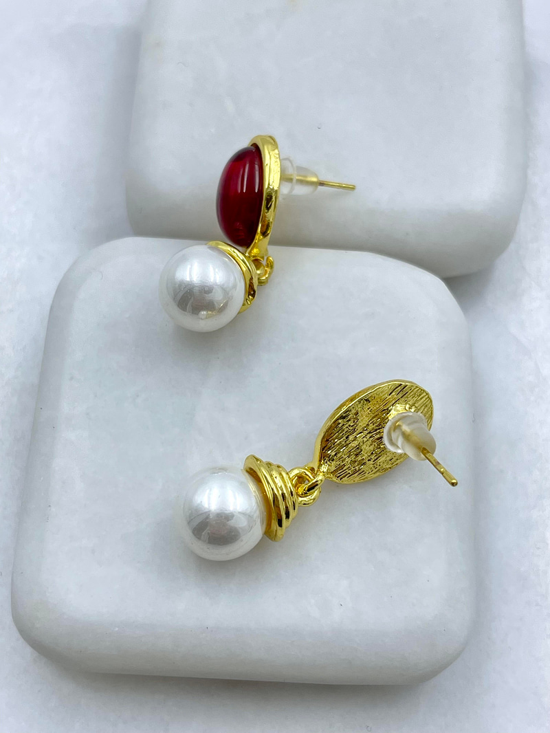 Altın Kaplama İnci Sallantılı Vintage Bordo Küpe Gold