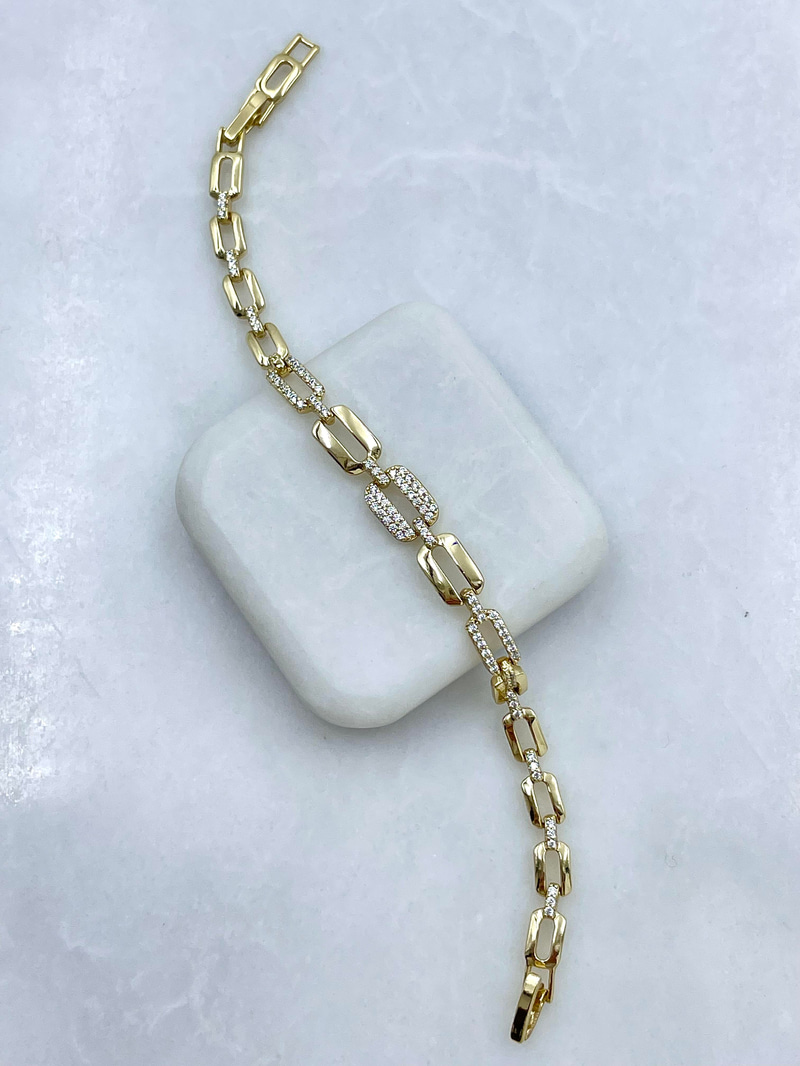 Özel Seri Gömme Taşlı Büyük Küçük Zincir Model Bileklik Gold