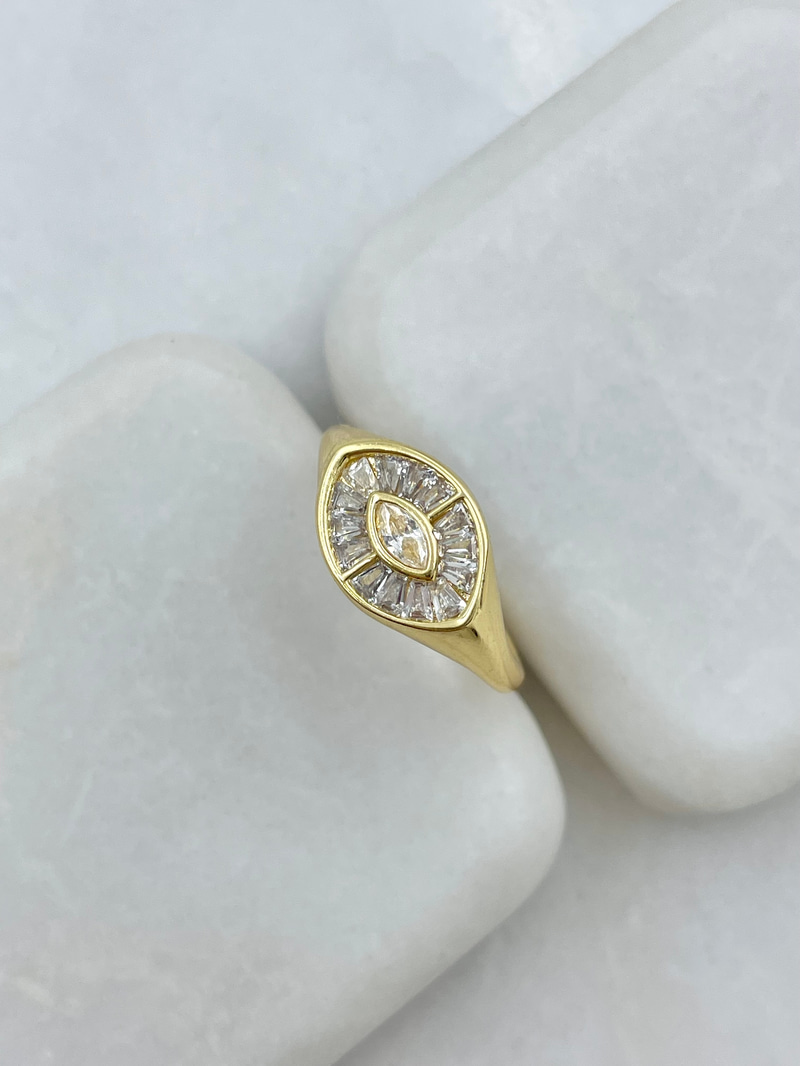Altın Kaplama Sarı Kristal ve Baget Taşlı Yüzük Gold