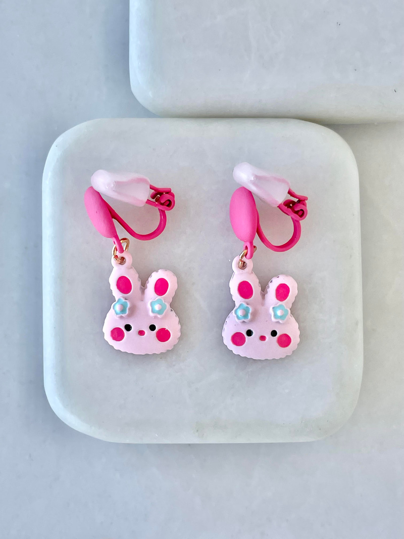 Mavi Çiçekli Pembe Tavşan Çocuk Küpesi