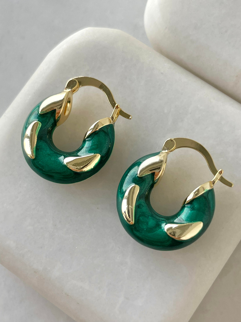 Altın Kaplama Benekli Mineli Halka Küpe Yeşil