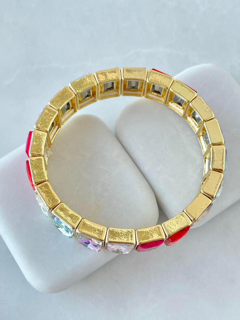 Renkli Kristal Taşlı Porselen Lastik Bileklik Gold