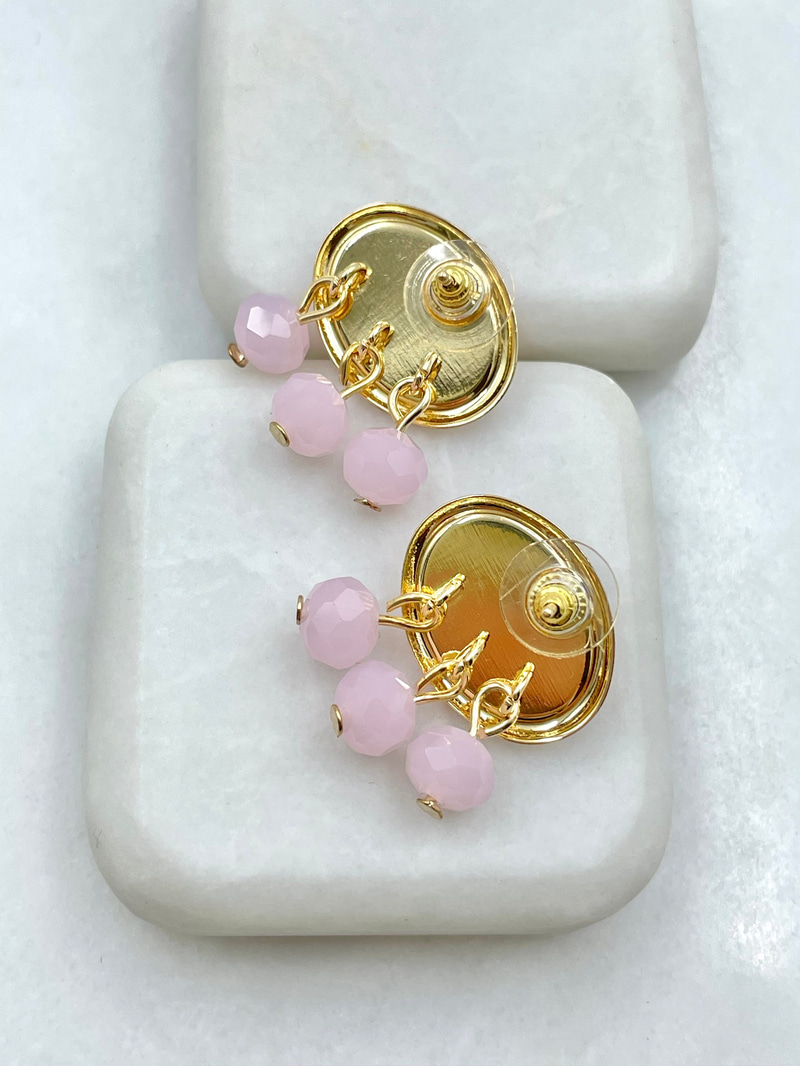 Kristal Boncuk Sallantılı Oval Küpe Pembe