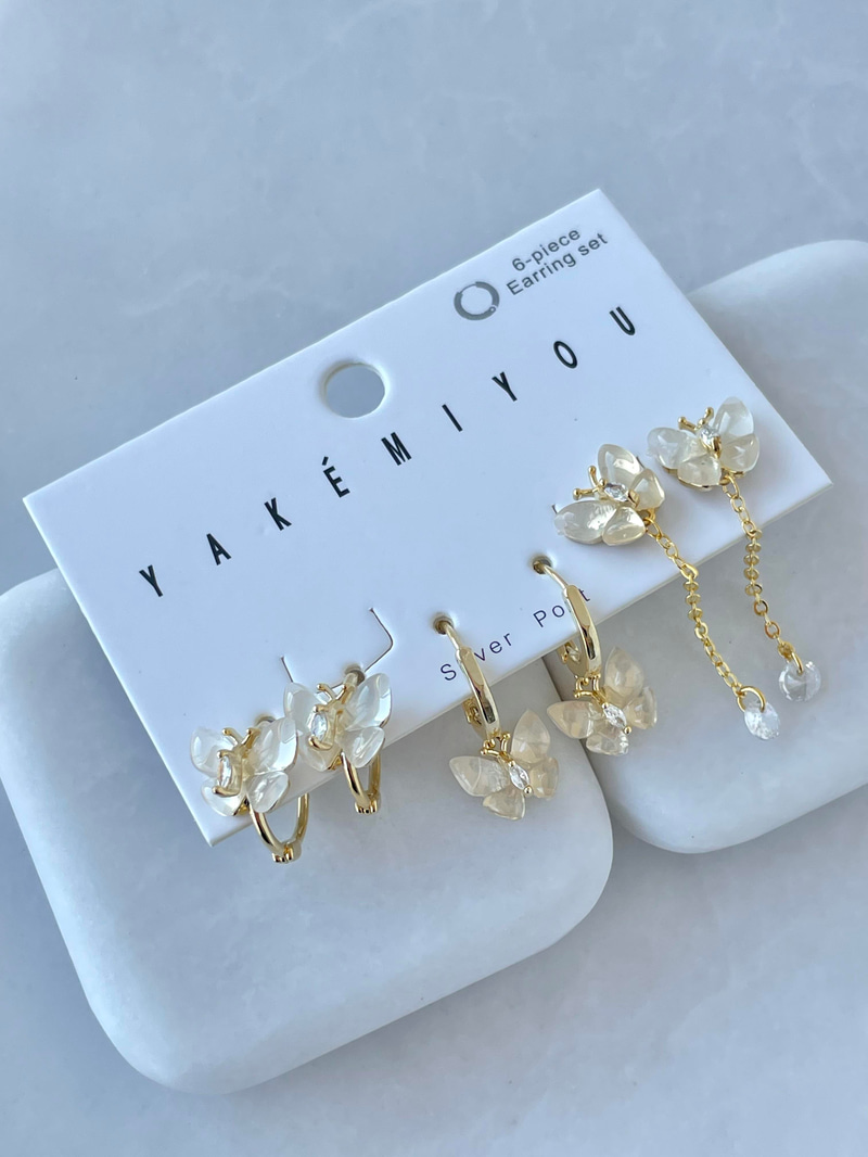 Özel Seri Altılı Opal Taşlı Altılı Kelebek Model Küpe Gold