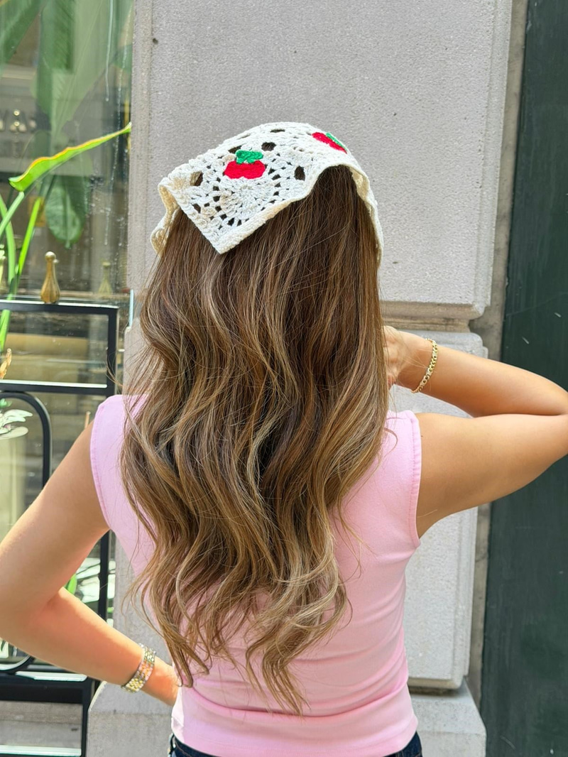 Kiraz Desenli Daire Motifli İpli Bandana Renkli