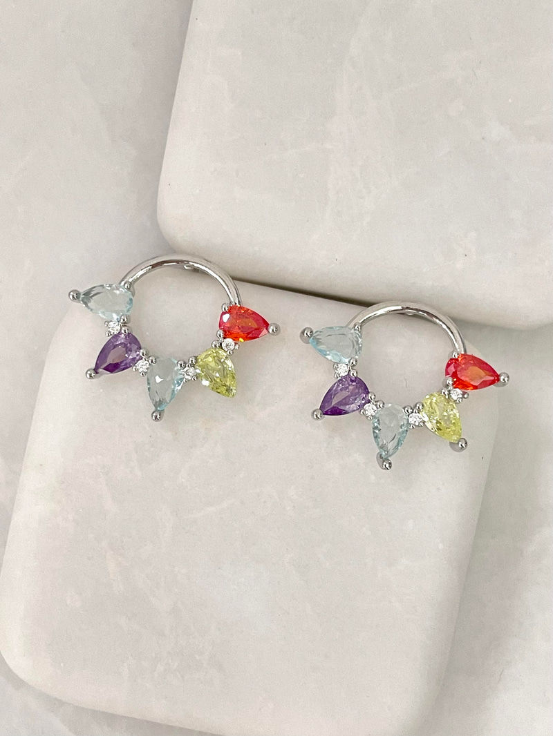 Altın Kaplama Renkli Damla Kristal Taşlı Daire Küpe Gümüş